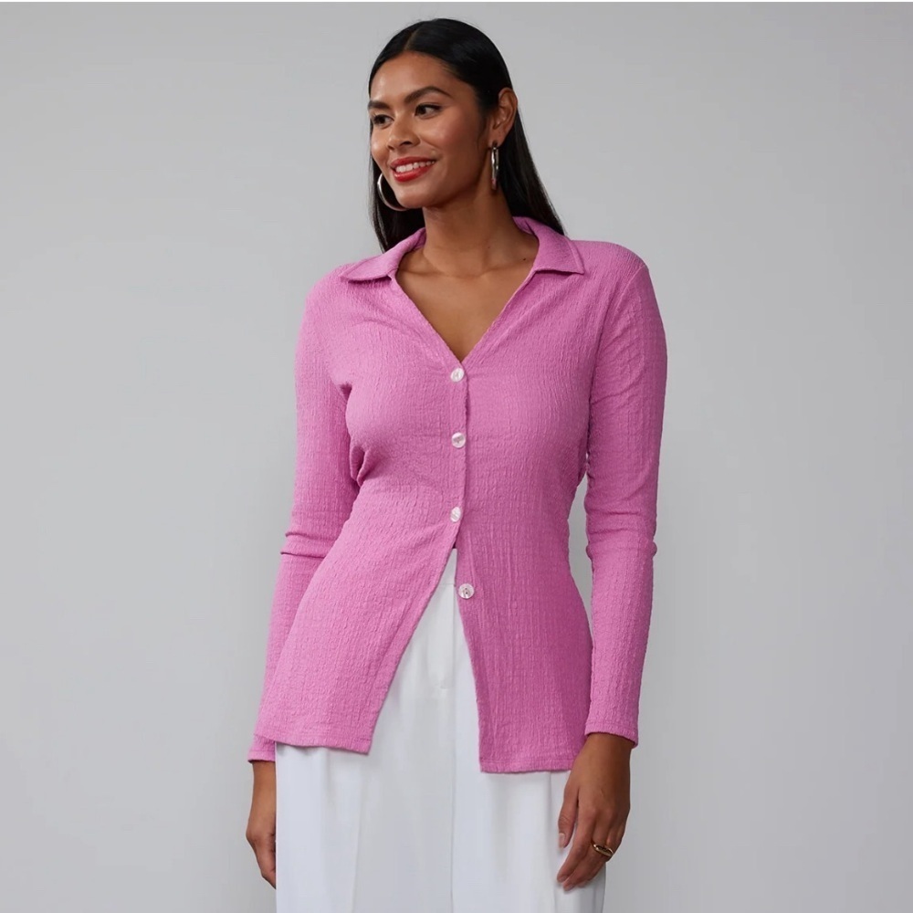 Crinkle Knit Button Front Top